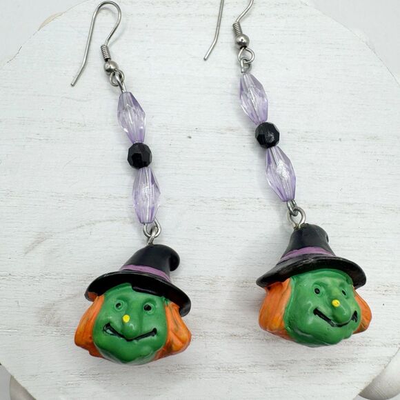 Halloween Earrings Green Witch Face Long Beaded Dangle - Picture 2 of 6